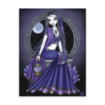 kami, fairy, art, purple, faery, fae, faerie, faeries, fairies, big, eyed, celestial, moon, stars, sky, crystals, blue, fantasy, sari, indian, myka, jelina, mika, Postcard with custom graphic design