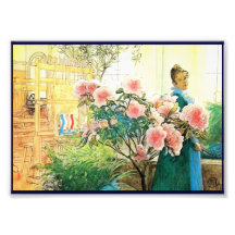 Karin with Pink Flowers and Her Loom Photographic Print