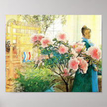 Karin with Pink Flowers and Her Loom Poster
