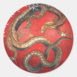 Katsushika Hokusai Mythical Legendary Dragon art Round Stickers