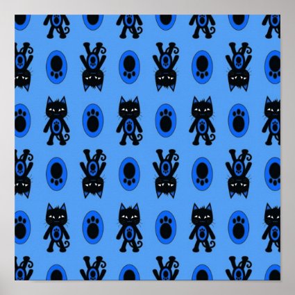 Kawaii Blue Cat and Paw Print Pattern