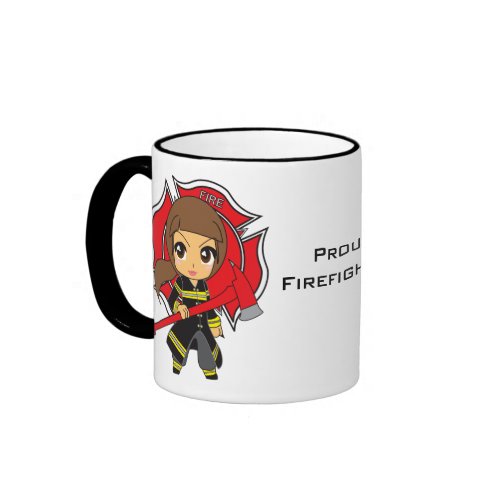 Kawaii Brunette Firefighter Girl Ringer Coffee Mug