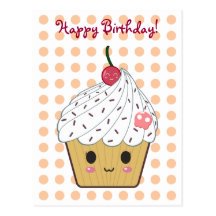 Kawaii Cupcake in Polka Dots "Happy Birthday" Postcard