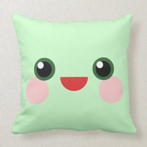 Kawaii Cute Happy Face Green Eyes Throw Pillows