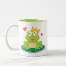 Kawaii frog with sparkling eyes on a lily pad mug
