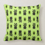 Kawaii Green Cat and Paw Print Pattern Throw Pillow
