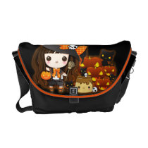 Kawaii halloween girl with pumpkins and black cats messenger bags