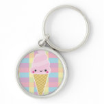 Kawaii Ice Cream Cone on Colorful Checks Keychain