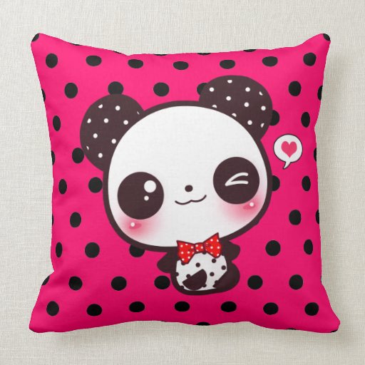 Kawaii panda on black polka dots throw pillow