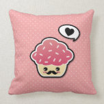 Kawaii Pink Cupcake with a Mustache Throw Pillow