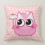 Kawaii pink owl with cute umbrella throw pillows