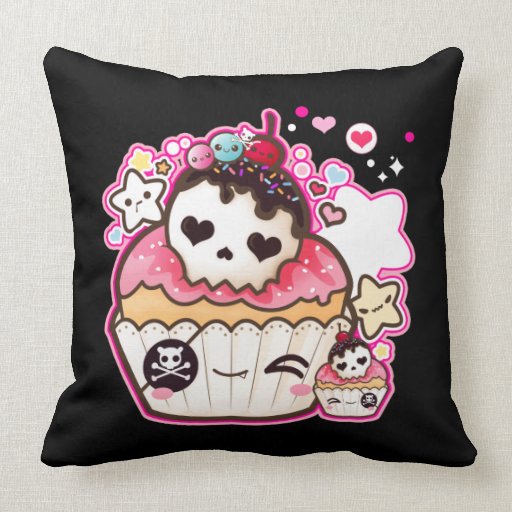 Kawaii skull cupcake with stars and hearts pillow