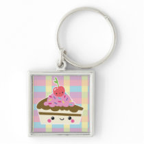 Kawaii Slice of Cake on Colorful Checks Keychains