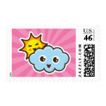 Kawaii sun and cloud characters postage stamp