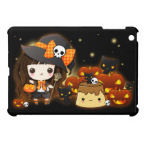 Kawaii witch with pumpkins and black cats ipad mini cases
