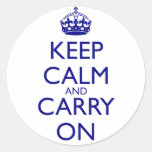 Keep Calm and Carry On Navy Blue Text Round Sticker
