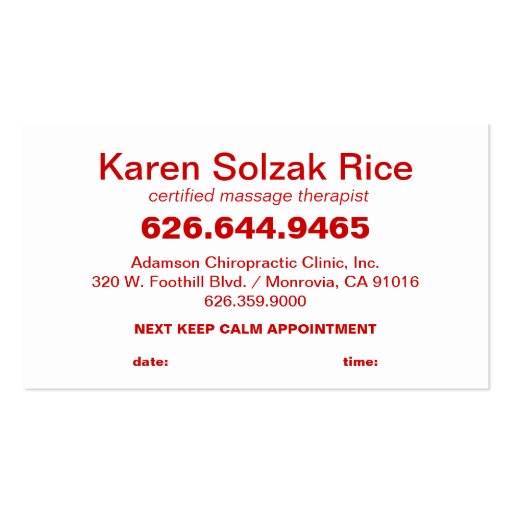 Keep Calm and Get a Massage business card (back side)