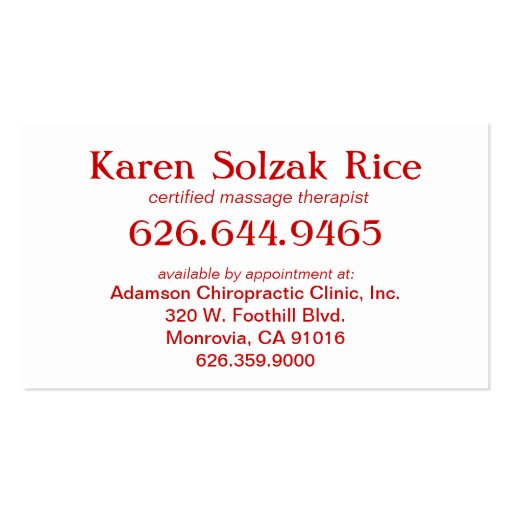 keep calm and get a massage business card template (back side)
