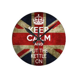 KEEP CALM AND PUT THE KETTLE ON ROUND WALLCLOCK