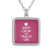Keep Calm and Teach On, Pink Plaid Personalized Necklace