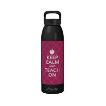 Keep Calm and Teach On, Pink Plaid Reusable Water Bottle