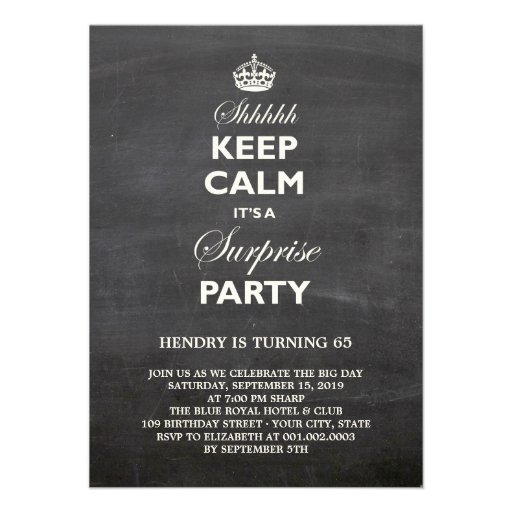 Keep Calm Funny Chalkboard Surprise Birthday Party Announcement