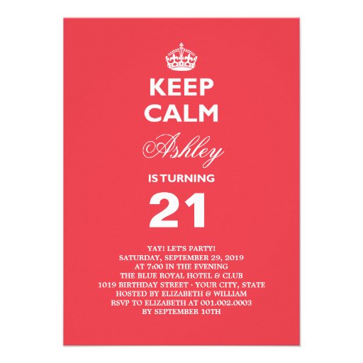 Keep Calm Funny Milestone 21st Birthday Invite (front side)