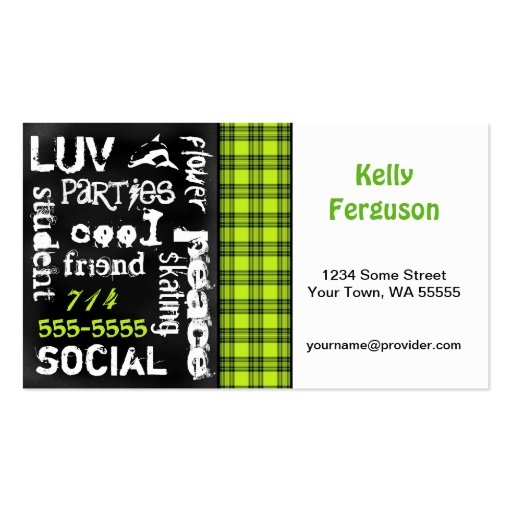 Kelly Green Plaid, Grunge Chalkboard Business Card (front side)