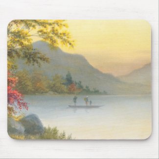 Kenyu T Boat on Lake in Autumn japanese watercolor Mouse Pads
