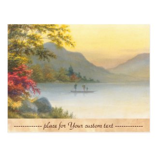 Kenyu T Boat on Lake in Autumn japanese watercolor Postcards