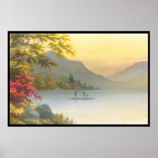 Kenyu T Boat on Lake in Autumn japanese watercolor Print