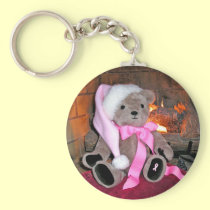 Key chain Teddy Bear Pink Santa Hat & pink ribbon keychains