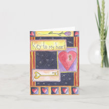 Key to My Heart Card - mixed-media painting by Liz Revit. This whimsical, folksy painting features an array of hearts, and it's perfect for Valentine's day or any special day.