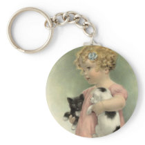 KEYCHAIN Vintage Animal Rescue Puppy Kitten Girl
