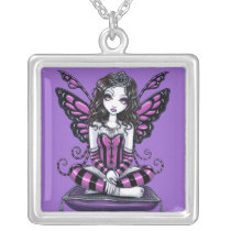 khristyn, tiara, gothic, princess, pink, hot, stripes, big, eyed, butterfly, fairy, faery, fae, faerie, pixie, fantasy, art, myka, jelina, faeries, Necklace with custom graphic design
