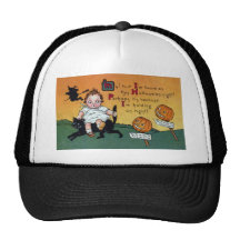 Kid on Cat and JOL Signposts Vintage Halloween Trucker Hat