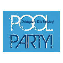 Kid's 12th Birthday Pool Party Blue White Template Invitations