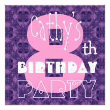 Kid's 8th Birthday Custom Name Modern Pink Purple Custom Invites