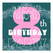 Kid's 8th Birthday Custom Name Modern Pink Teal Announcements