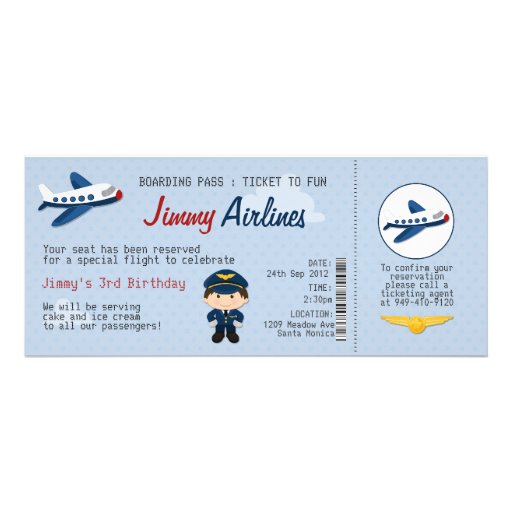 Kids Airline Ticket Birthday Party Invitation (front side)