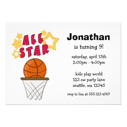 Kids Basketball All Star Birthday Party Invitation
