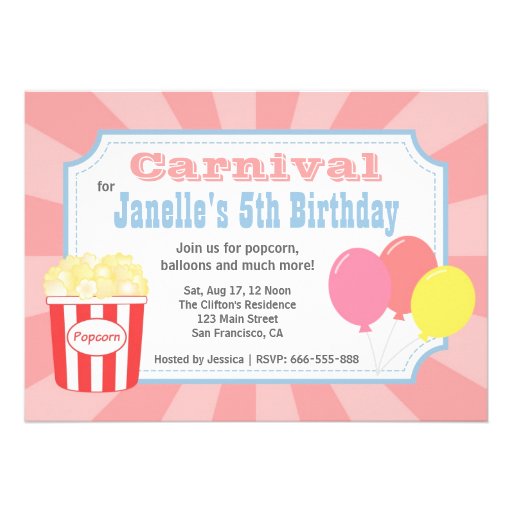 Kids Birthday - Carnival with Popcorn & Balloons Personalized Invites