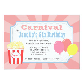 Kids Birthday - Carnival with Popcorn & Balloons 5x7 Paper Invitation Card