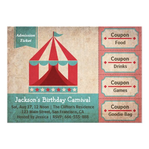 Kids Birthday Party - Carnival Admission Ticket Invites