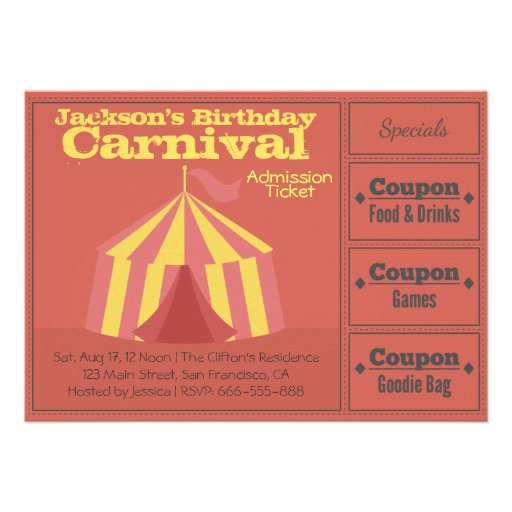 Kids Birthday Party: Carnival Admission Ticket Personalized Invites