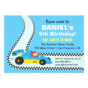 Kids Blue Race Car Birthday Party Invitations