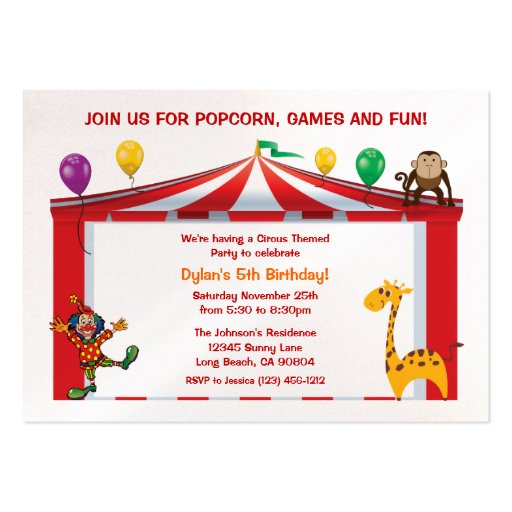 Kids Circus Birthday Party Invitations Business Cards (front side)