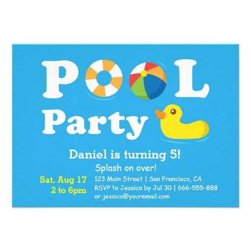 Kids Colourful Splash Birthday Backyard Pool Party Invitations