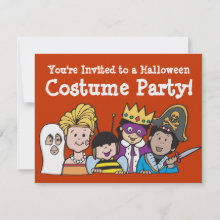 Kids Costume Party Invitation - Cute ghost, pop star, bumble bee, queen and pirate kids in costumes.