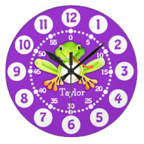 Kids cute frog purple green wall clock at Zazzle